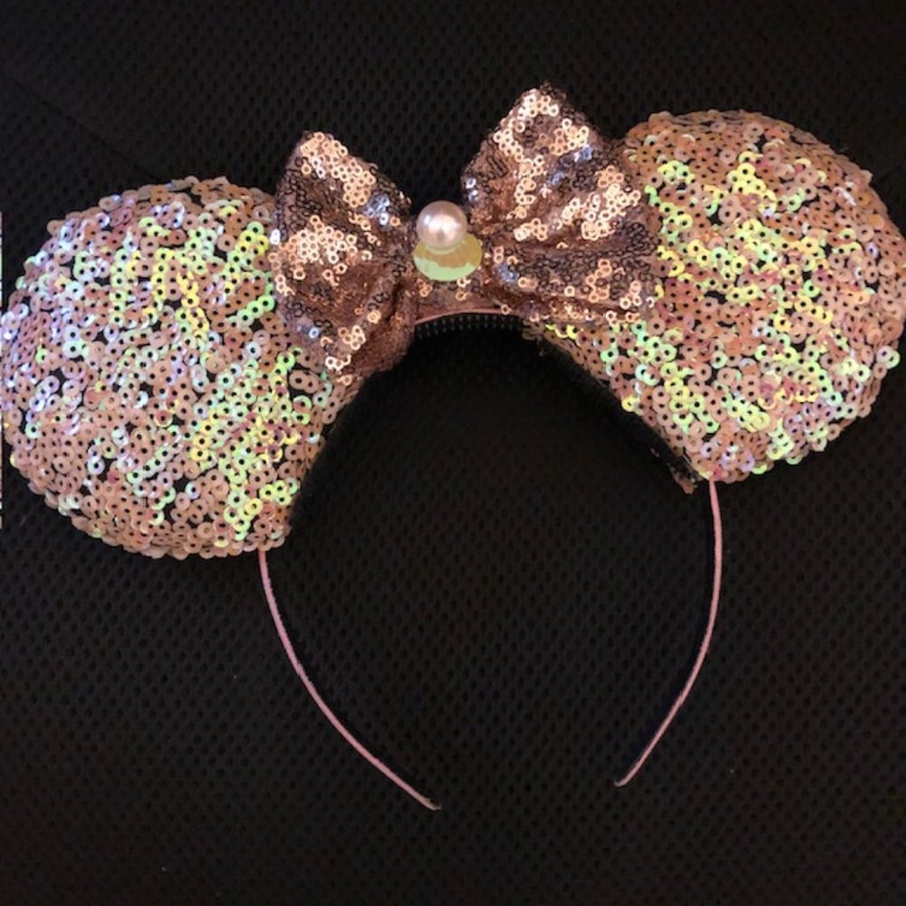 OS Disney Vintage Rose Gold Pink Sequins Minnie Mouse Ears Headband